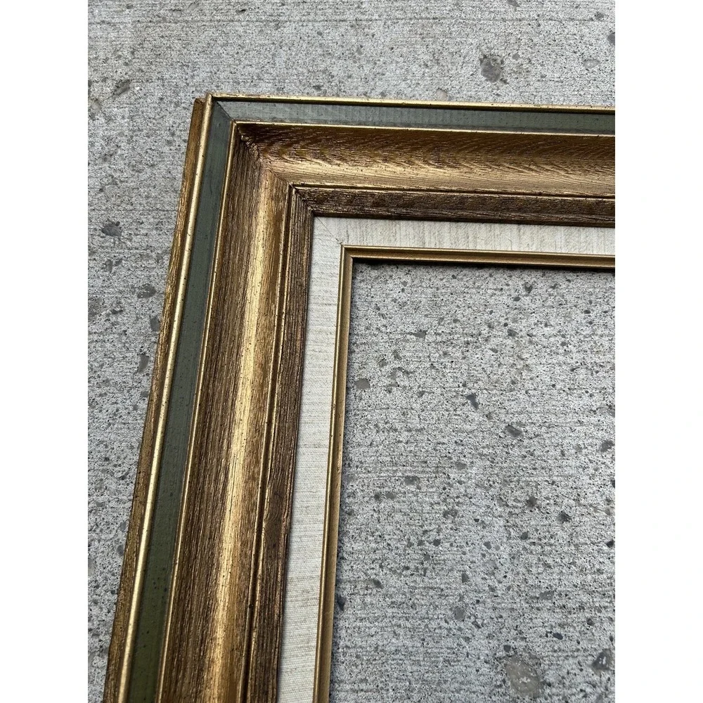 Vintage Large Wood Picture Frame Gold Green Linen Liner 20x30 Mexico